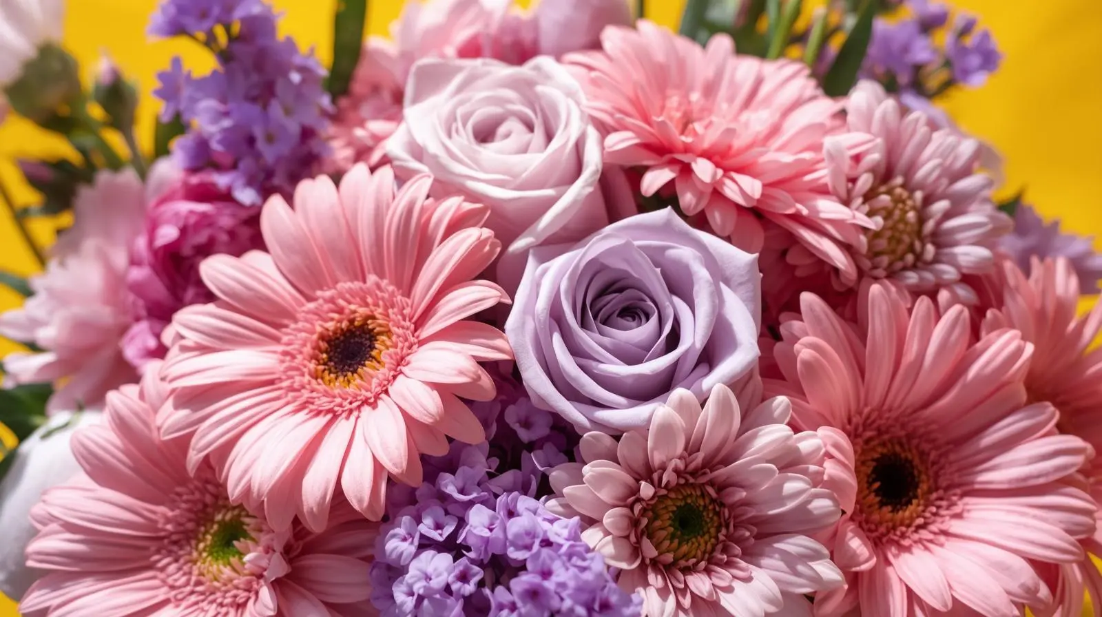 Gerbera rosa rosas lila y crisantemo en un ramo amarillo