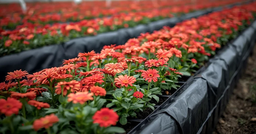 Cultivo de gerbera (Gerbera jamesonii) en camas elevadas con acolchado plástico, plantas uniformes en producción comercial